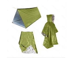 3 stuks Noodonderkomenssets - poncho - Bivakzakken - herbruikbare noodtent met draagtas - Eerste Hulp EHBO - voor wandelen, Aardbeving voorbereiding - reddingstent voor kamperen - groen