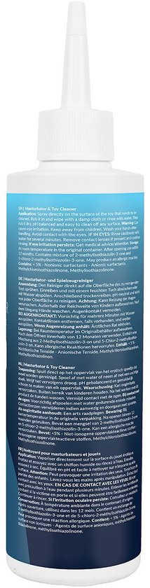Achterkant van witte fles EasyGlide Toy Cleaner met informatie. Blauw en teal design.