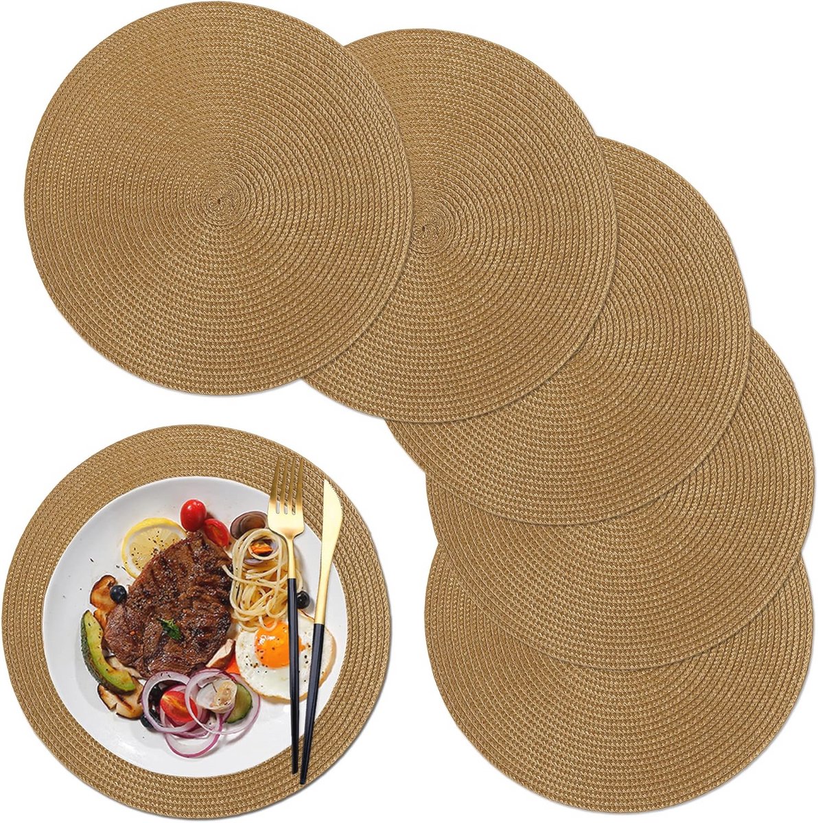Ronde afwasbare placemats - 6 stuks voor eettafel en keuken - 32 cm - Kaki