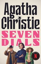 Boekcover met tekst 'Agatha Christie SEVEN DIALS' en drie personen.