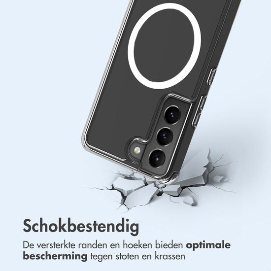 Transparant telefoonhoesje met versterkte randen op een gebroken ondergrond.