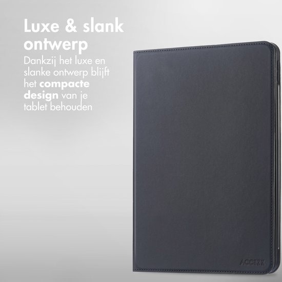 Luxe, slank, zwart tablet hoesje van kunstleer. 'Luxe & slank ontwerp'.