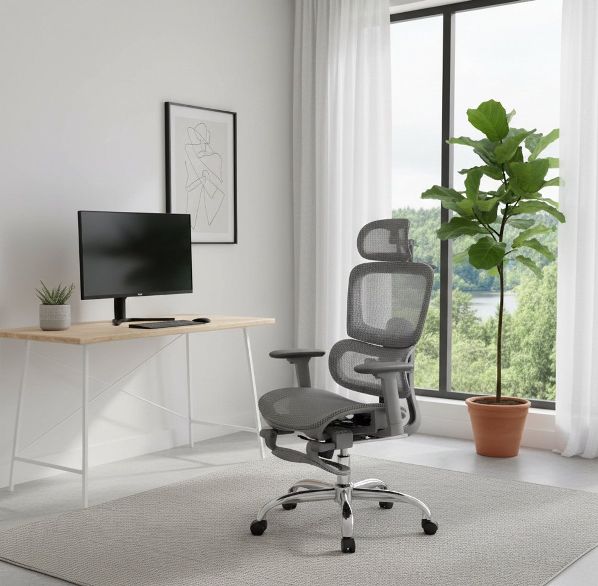 Ergonomische Bureaustoel met Voetsteun – 145° Kantelbaar, 5-Zones Verstelbare Rugleuning, 2D Lumbaalsteun, 3D Armleuningen & Hoofdsteun, Ademend Mesh, Ideaal voor Kantoor & Thuis – Grijs – House&Garden