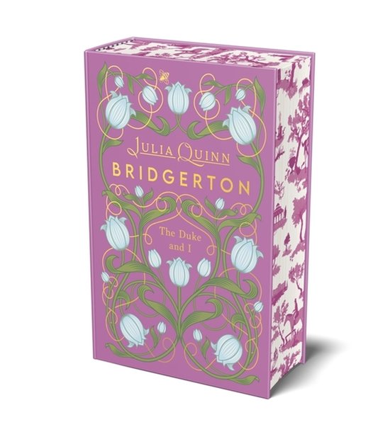 Bridgerton: The Duke And I, deel 1, met roze kaft versierd met blauwe bloemen en ranken.