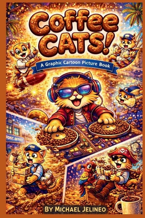 Boekomslag met diverse katten in cartoonstijl, waaronder een DJ-kat met koptelefoon en zonnebril, en een piraatkat met een ooglapje.
