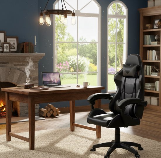Gaming Bureaustoel Ergonomisch - Verstelbare Armleuningen, Kantelbaar & 360° Draaibaar, Hoofdsteun + Lendenkussen, Luxe Kunstleer, 150kg Draagkracht - Grijs/Zwart - House&Garden van Merkloos — afbeelding 2