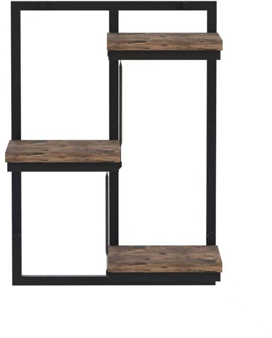 Industrieel wandrek met een zwart frame en drie bruine planken.
