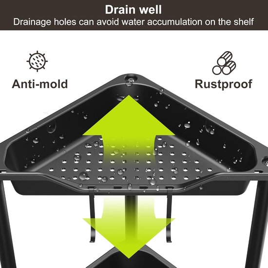 Zwarte doucheplank met drainagegaten die waterophoping voorkomen; anti-schimmel en roestvrij.