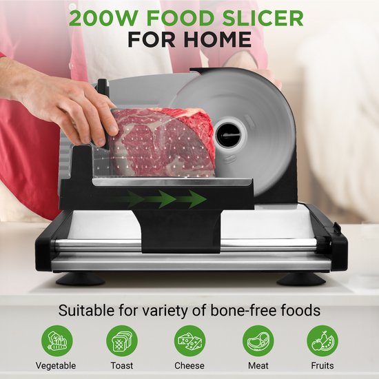 Nutrichef Vleessnijmachine - 200W - Automatische Vlees- en Broodsnijder - Dikte Vestelbaar 0-15mm - Zwart/Zilver — afbeelding 2