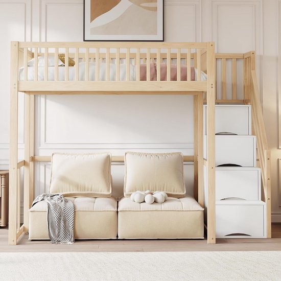 MQGPM Hoogslaper, opbergbed, 140 x 200 cm, met trap en lattenbodem, eenpersoonsbed, houten bed met opbergruimte en valbeveiliging, bedframe van grenenhout, bed voor kinderkamer, houtkleur