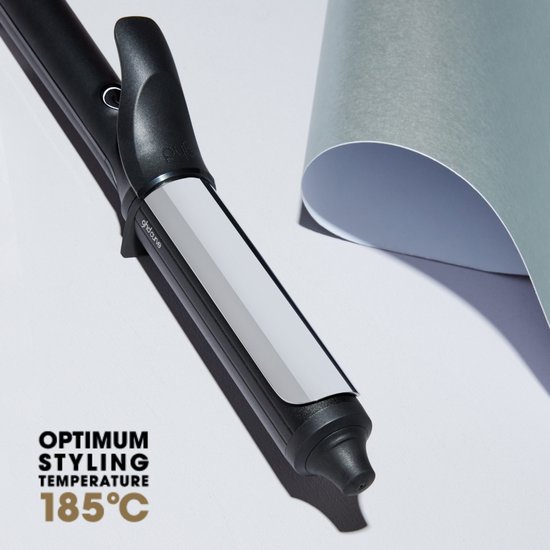 Ghd Curve krultang met een zilveren gedeelte en de tekst 'OPTIMUM STYLING TEMPERATURE 185°C'.