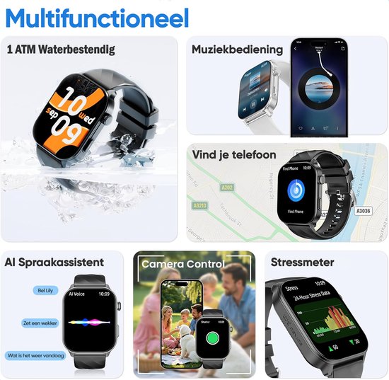 Multifunctionele zwarte smartwatch: waterdicht, muziekbediening, telefoon zoeken, spraakassistent, camera bediening, stressmeter.