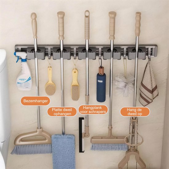 Alles-in-één Bezemhouder, Wandgemonteerde bezem - Bezem Ophangsysteem: 6 Haken 5 Klemmen, Robuuste RVS Houder voor Bezems, Gereedschap en Meer, Geschikt voor balkons, badkamers en toiletten van T-LoVendo — afbeelding 4