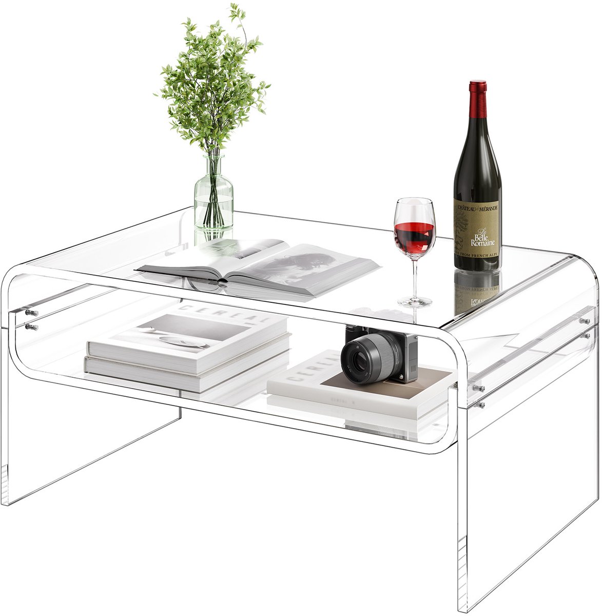Vevor Salontafel, Bijzettafel, 2-Laags Salontafel met Opbergplank, Moderne Rechthoekige Salontafel Van Acryl, Ideaal voor Eetkamer, Kookeiland, Restaurant, Kantoor, 50 X 80 X 38 cm (Transparant)