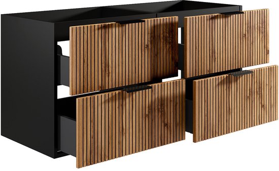 Meuble de salle de bain suspendu avec portes nervurées en bois et cadre noir. Portes et tiroirs ouverts.