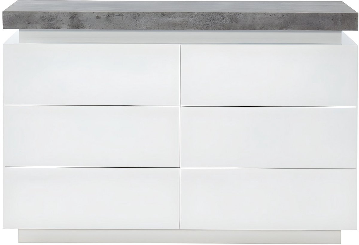 Vente-unique Ladekast HALO II - 6 lades - Gelakt mdf - Met ledverlichting - Kleur: wit en beton