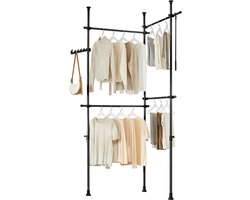 SoBuy Telescopische Kledingrail, Verstelbaar Open Kledingrek met Hangerails en Haken, Zwart, KLS03-II-SCH - B (124–226) x D27 x H (200–295) cm - Voor Slaapkamer & Dressing