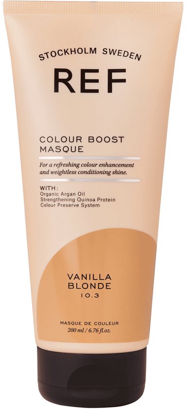 Lichtbruine tube met REF Colour Boost Masque Vanilla Blonde. Goudbruine vlek.