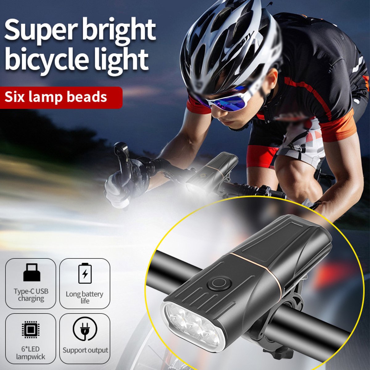 Superheldere fietslamp, voorlicht, hoge capaciteit, USB-oplaadbaar, LED nachtverlichting voor mountainbiken, mountainbikeverlichting, batterij met grote capaciteit, lange batterijduur
