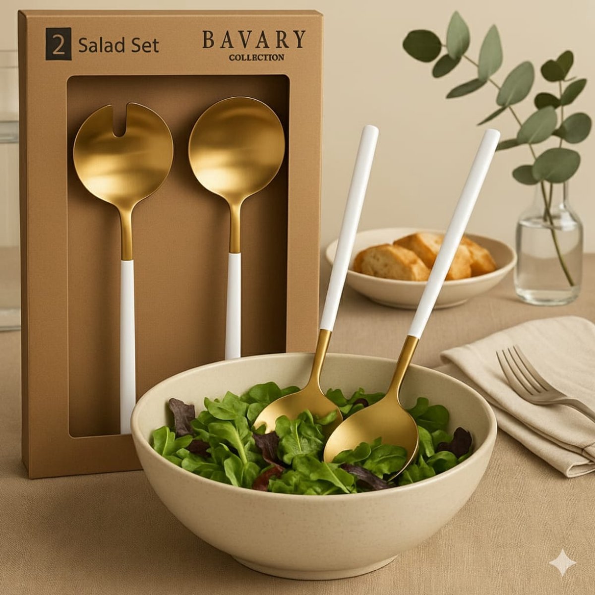 Bavary Collection 2-delige Saladebestek Set – Goud met Witte Handgreep – Luxe Slacouvert – RVS Saladebestek – 2 stuks