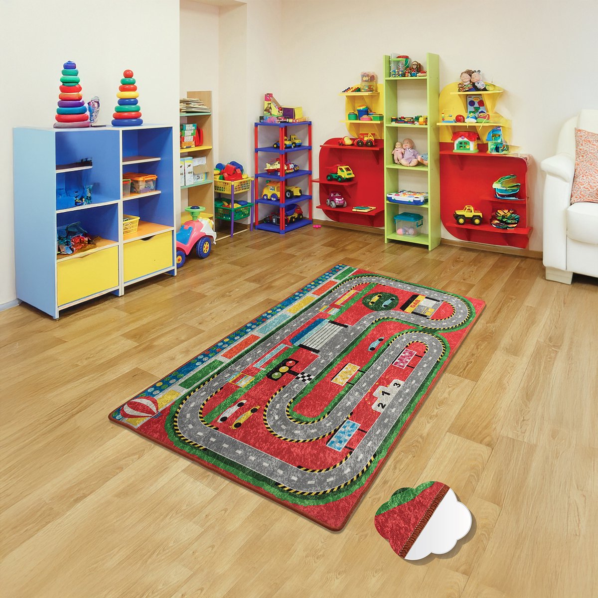 Bosdela Wasbaar kinder- en babykleed, 100x160 cm, zacht, rood met een stationspatroon, ideaal voor kinderkamers, speelkamers en kruipruimtes Babykleed