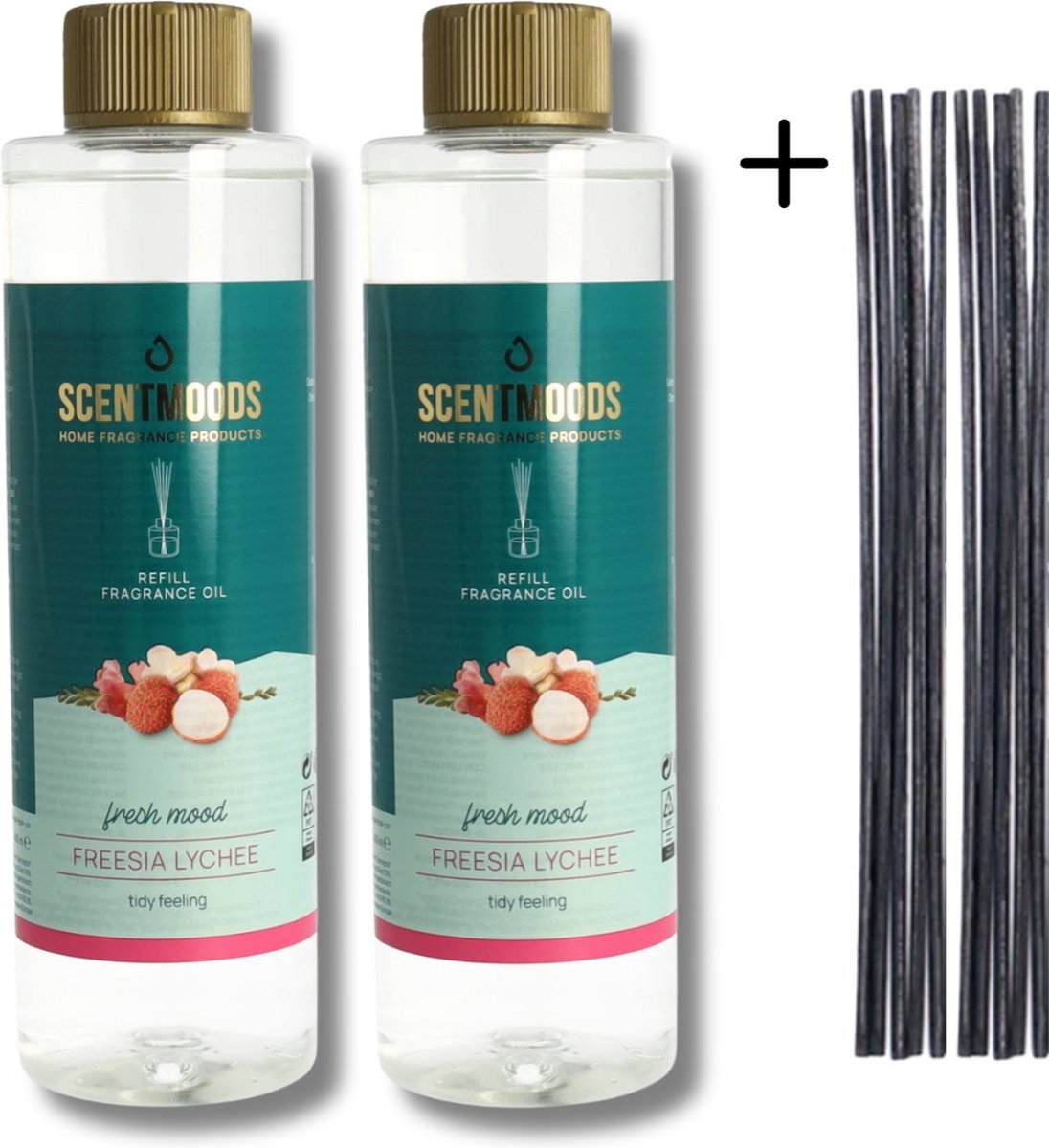 Scentmoods Geurstokjes Navulling Freesia Lychee Set van 2 + 12 Geurstokjes - Geurverspreider - Luchtverfrisser - Huisparfum - 400ml x 2
