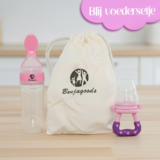 BenjaGoods Baby knijpfles en fruitspeen - Baby flessen - speen - Baby bestek - Knijpfles - Lepel - fruitspeen - Roze - Paars van BenjaGoods — afbeelding 2