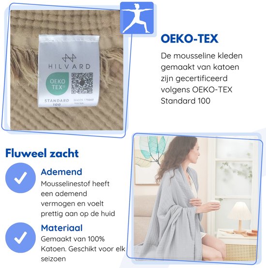 Vrouw met een bruine omslagdoek van mousseline, OEKO-TEX gecertificeerd en gemaakt van 100% katoen.