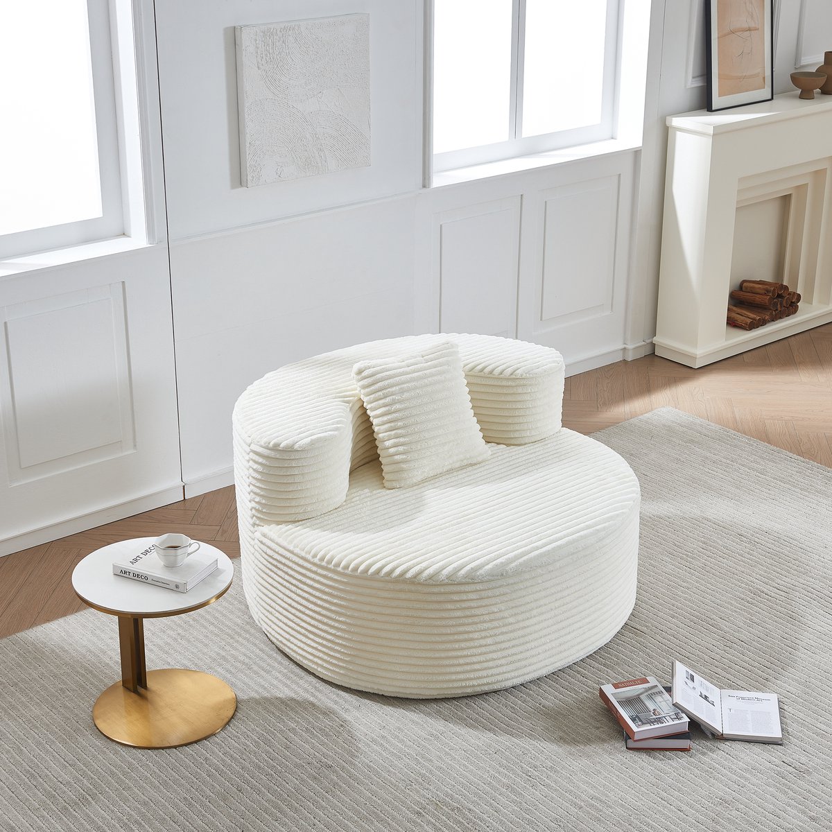 Volwassen Beanbag Accentstoel, flanellen beklede fauteuil met kussens, zachte ronde lounge accentstoel voor woonkamer, slaapkamer, studentenkamer- Beige