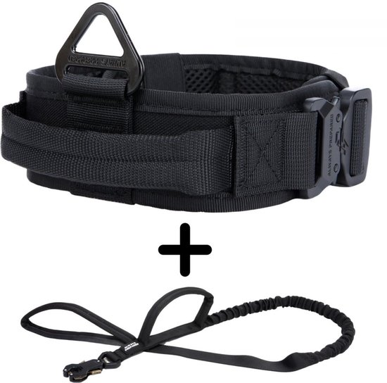 Zwarte halsband met handvat en een zwarte riem met clip.