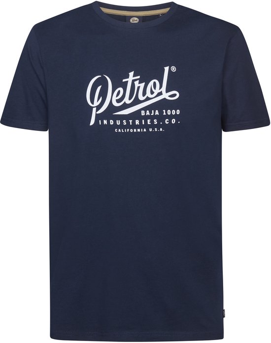Donkerblauw katoenen T-shirt met korte mouwen en witte 'Petrol Industries Baja 1000' print.