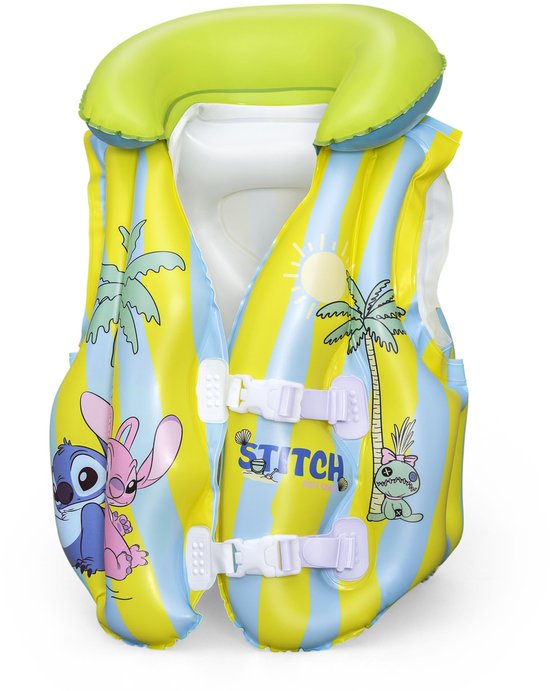 Opblaasbaar zwemvest met gele en lichtblauwe strepen, Stitch-opdruk en lichtgroene neksteun.