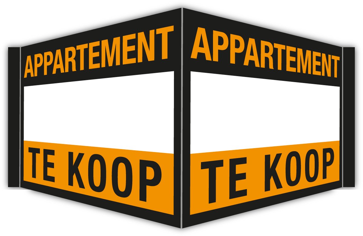 Immobord / Raambord / Makelaarsbord | “Appartement te koop” | Vouwbord 140×50 cm | Kanaalplaat | Incl. sterke dubbelzijdige tape | Zwart | Oranje | Verkopen | Appartment verkopen