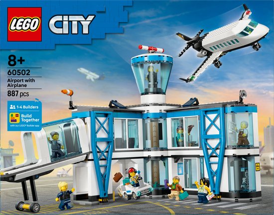 LEGO City luchthaven met vliegtuig, toren en passagiers. Wit en blauw gebouw met vliegtuig in de lucht.
