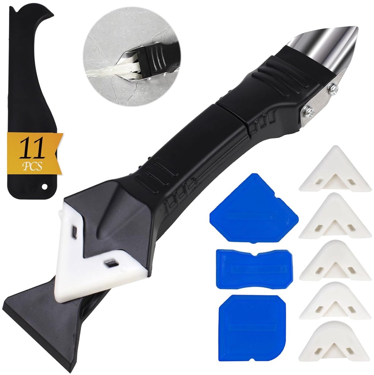11-delige siliconen voegkit 3-in-1 injectiegereedschap (roestvrij stalen kop) en mestschuif, 5 siliconen vervangbare pads, 4 glasslijmplaten, voegschuif voor keuken/badkamer/raam/naden