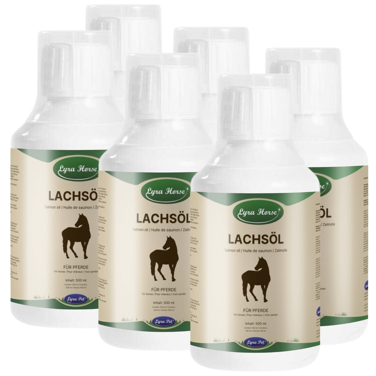 6 x 500 ml Lyra Horse® 100 % zalmolie voor paarden
