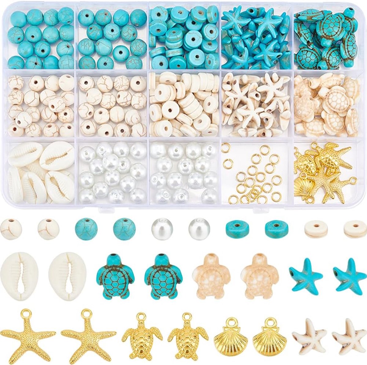 292 kralen in de vorm van een zeeschildpad, schelp, zeester, turquoise voor het maken van sieraden, kits en knutselbenodigdheden