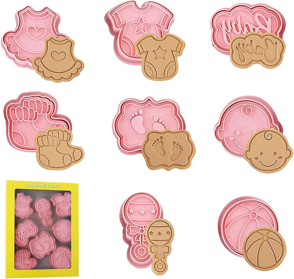 Cosensi - Cookie Cutters Set voor Baby Shower, 8 Plastic Vormen, Cookie Press Cutter, 3D Koekjesvormen voor Kinderen, Bakken, Gebak, Fondant, DIY, Cake Decoreren
