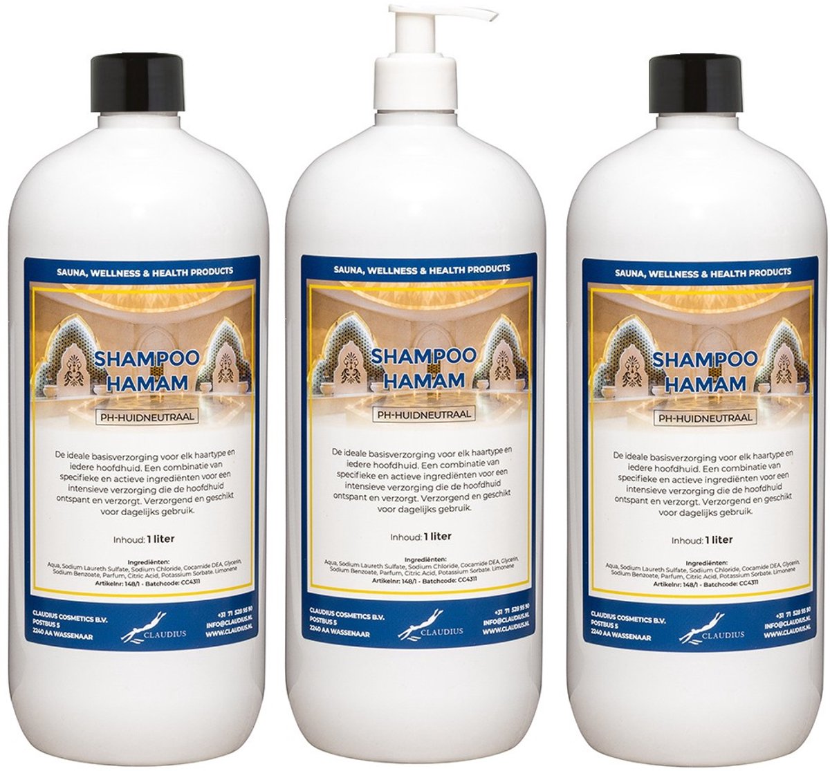 Shampoo Hamam 1 liter met witte pomp - set van 3 stuks - voordeelverpakking - haarverzorging