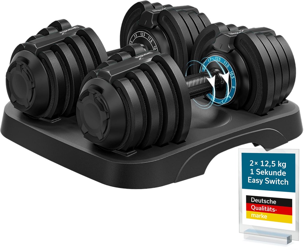 Skandika Halterset Paino - 2 x halters verstelbaar, 11 treden, 1,5 tot 12,5 kg, korte halter, all-in-one design, snelle gewichtwisseling, compact, dumbbell, verstelbare halters voor thuis, fitness
