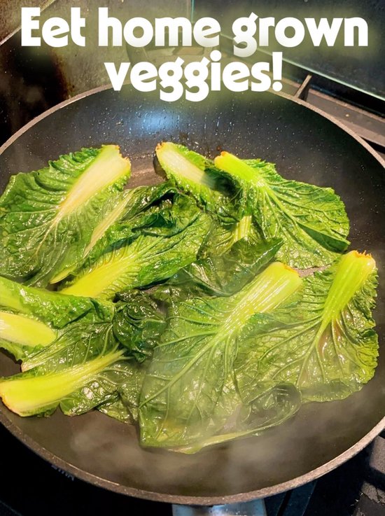 Groene bladgroenten sudderen in een zwarte pan, met de tekst "Eet home grown veggies!" in het wit erboven.