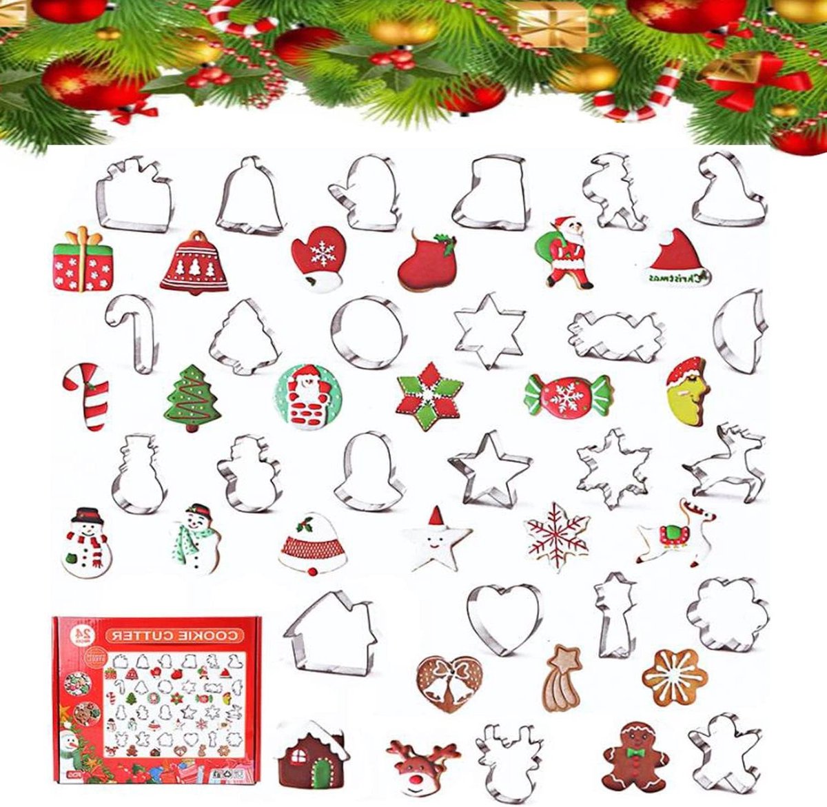 Cosensi - Kerst Cookie Cutter Set van 24 stuks - RVS Biscuit Cutters inclusief Sneeuwman, Kerstman, Kerstboom - Fondant Cutter - Sandwich Cutter - Kerst Thema Producten