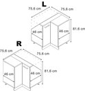 Technische tekening van L- en R-vormige hoekkasten met afmetingen 75,6 cm breed en 81,6 cm hoog.