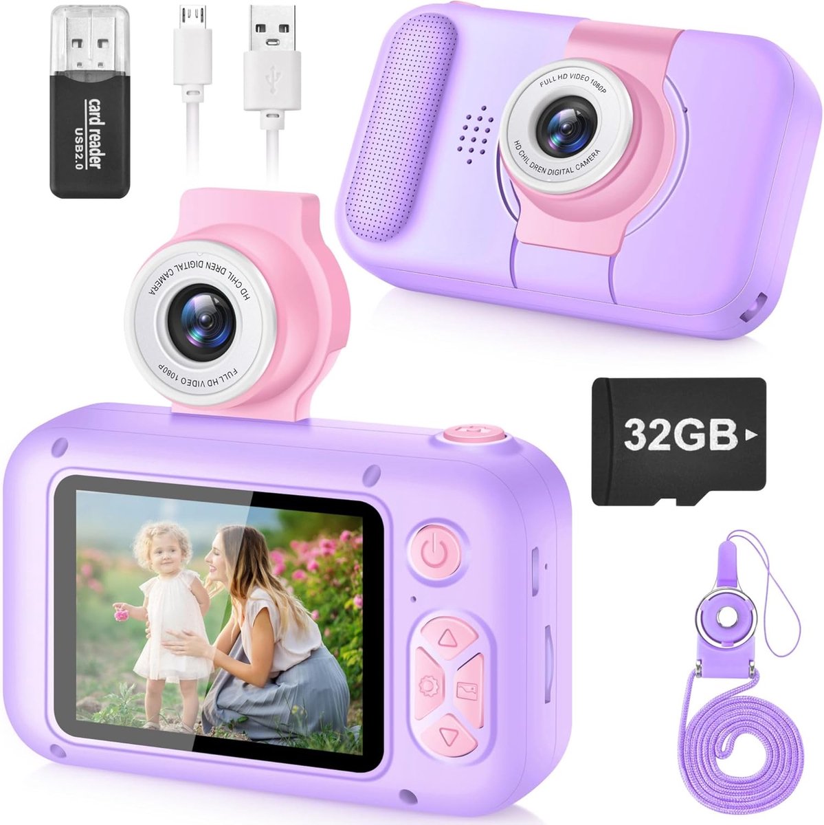 Kindercamera met IPS-scherm - HD Camera voor Kinderen - Fototoestel met Spelletjes en Filters - Leuk Verjaardagscadeau - Compact en Draagbaar - Stimuleert Creativiteit - 1080P Video Opname