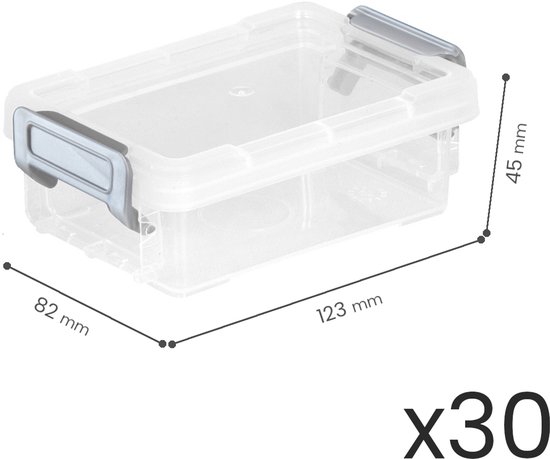 Boîte de rangement transparente vide avec fermoirs argentés, mesurant 123x82x45 mm et indiquant x30.