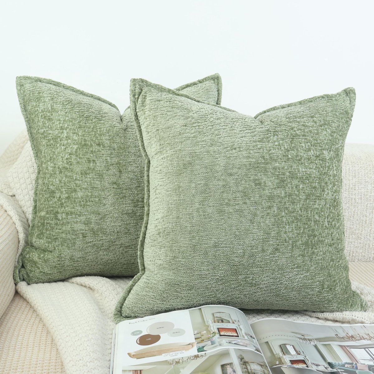 Unyqoos Set van 2 decoratieve chenille kussenslopen 40x40 cm voor moderne en landelijke interieurs groen