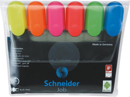 Set de 6 surligneurs Schneider Job jaunes, oranges, roses, rouges, verts et bleus, en emballage plastique.