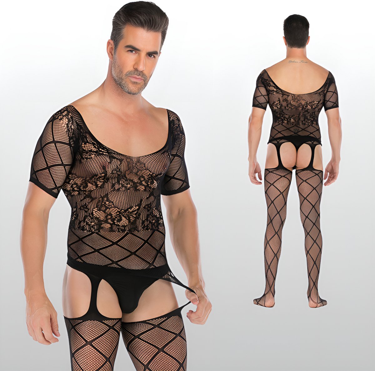 Heren Bodystocking Met Kant & Jarretels - Zwart - Erotische Herenlingerie - One Size S-XL (46-52) | LS166