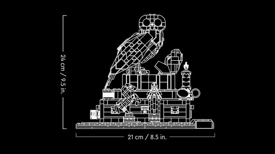 Gedetailleerde tekening van LEGO Harry Potter-bouwset met afmetingen.