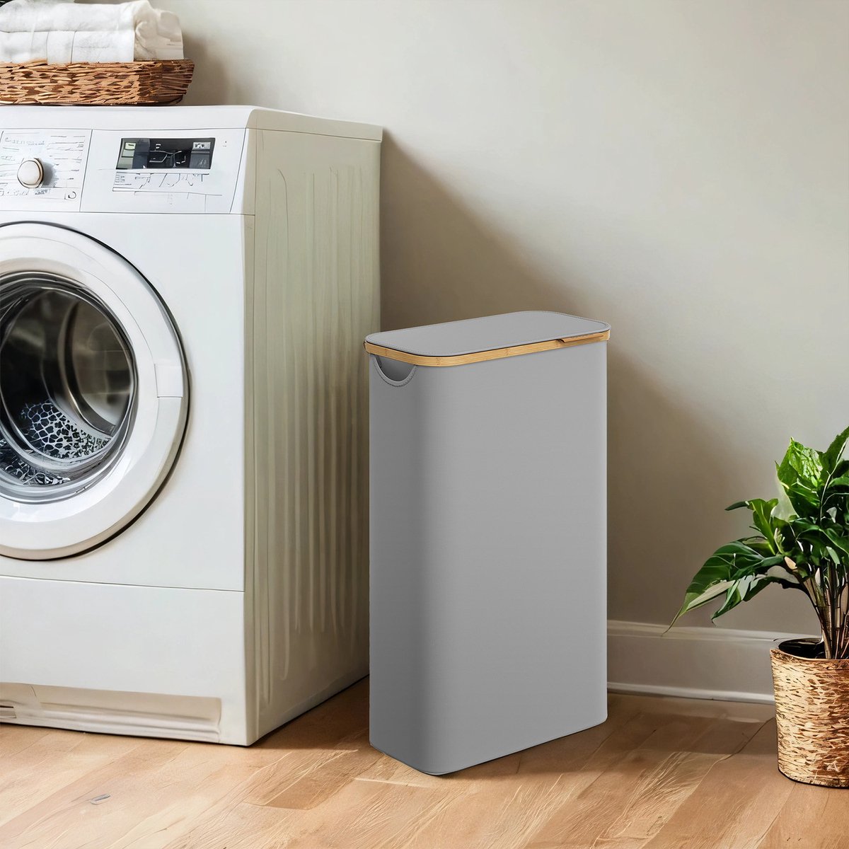 60L wasmand met deksel, wasmanden met handvat en binnenzak, opvouwbare grote wasmand smal, wasmanden, wasmanden voor slaapkamer badkamer (Grijs)